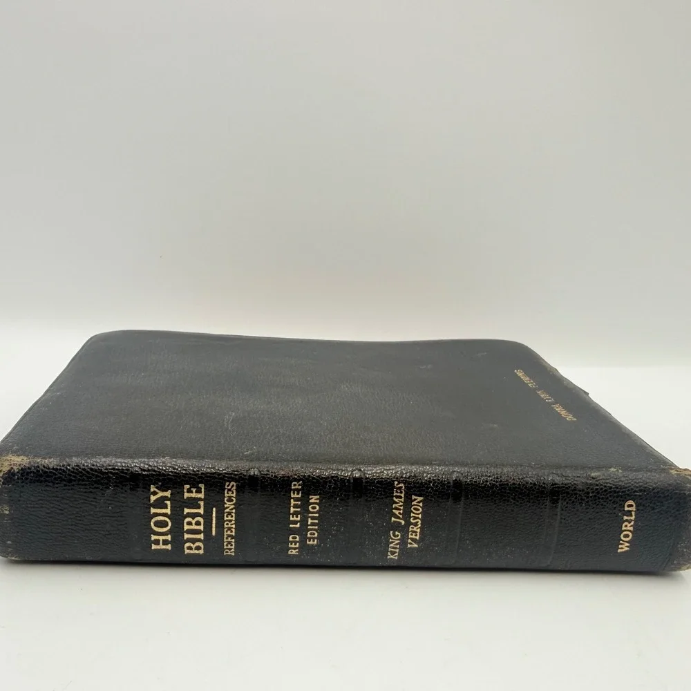 Vintage World Holy Bible KJV Red Letter Genuine Morocco Leather Black Reference